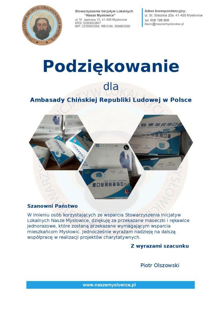 Podziękowanie dla  Ambasady Chińskiej Republiki Ludowej w Polsce