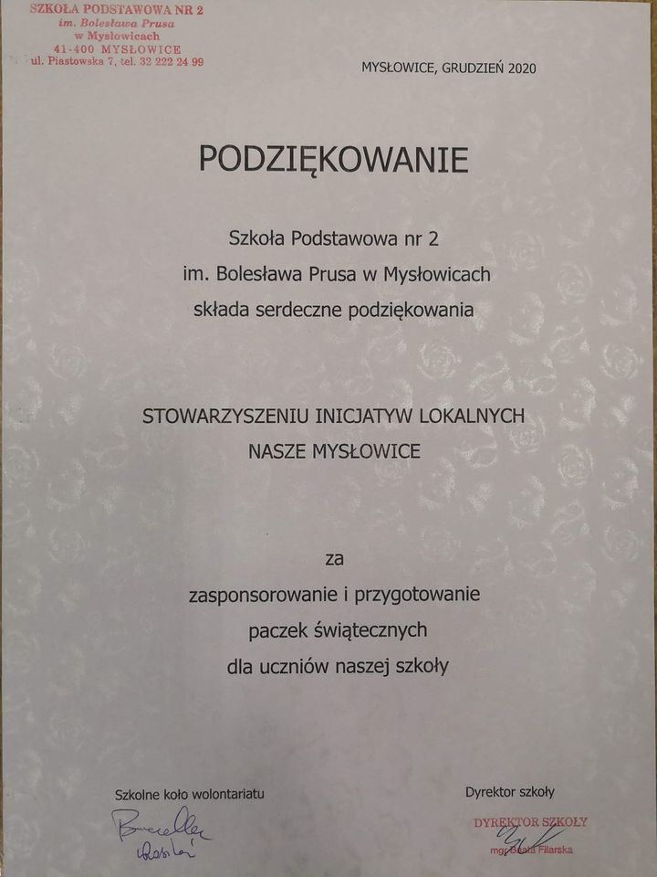Podziękowanie dla stowarzyszenia