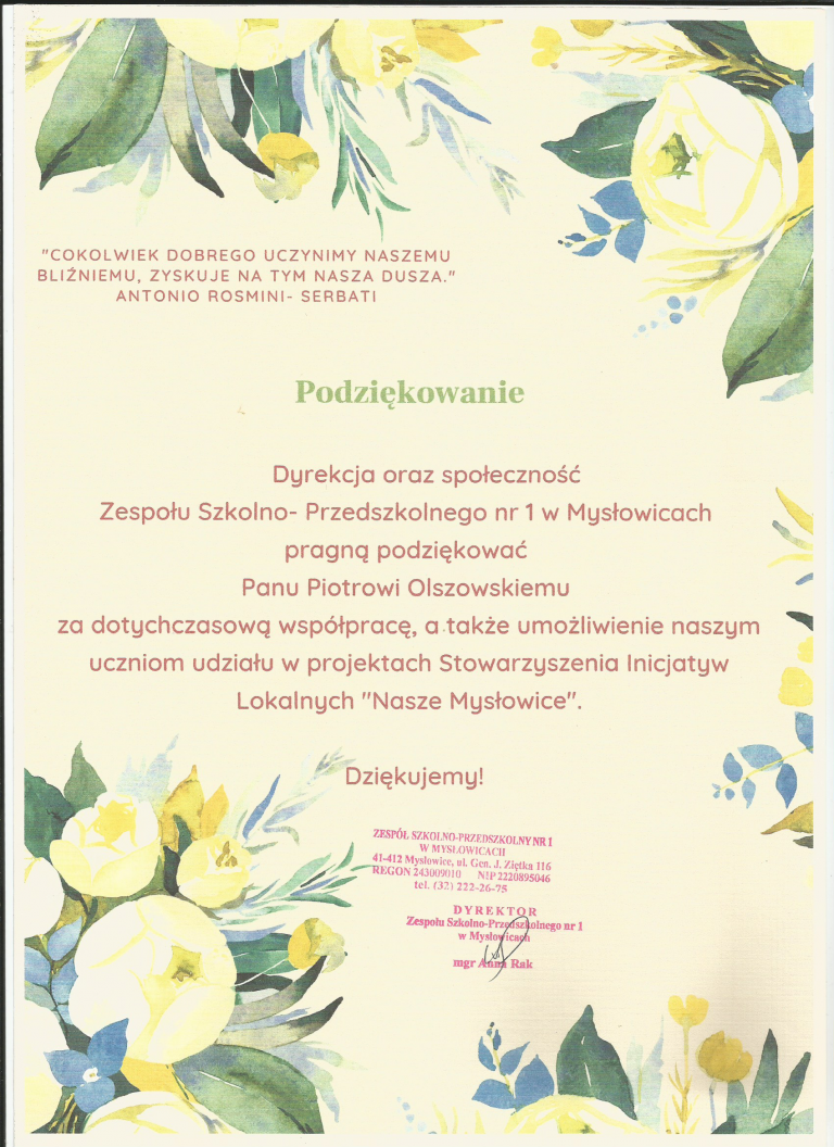 Podziękowanie dla naszego stowarzyszenia