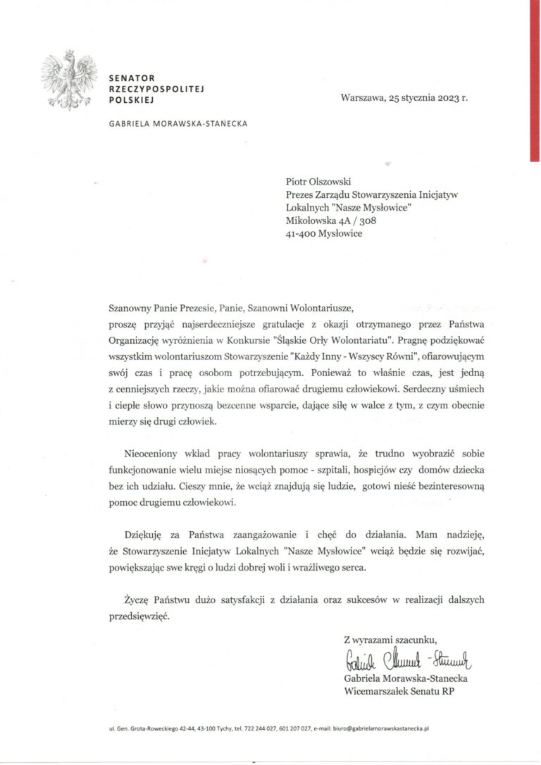 Dziękujemy za ciepłe słowa i wsparcie Pani Gabrieli Morawskiej-Staneckiej Wicemarszałkini  Senatu X kadencji