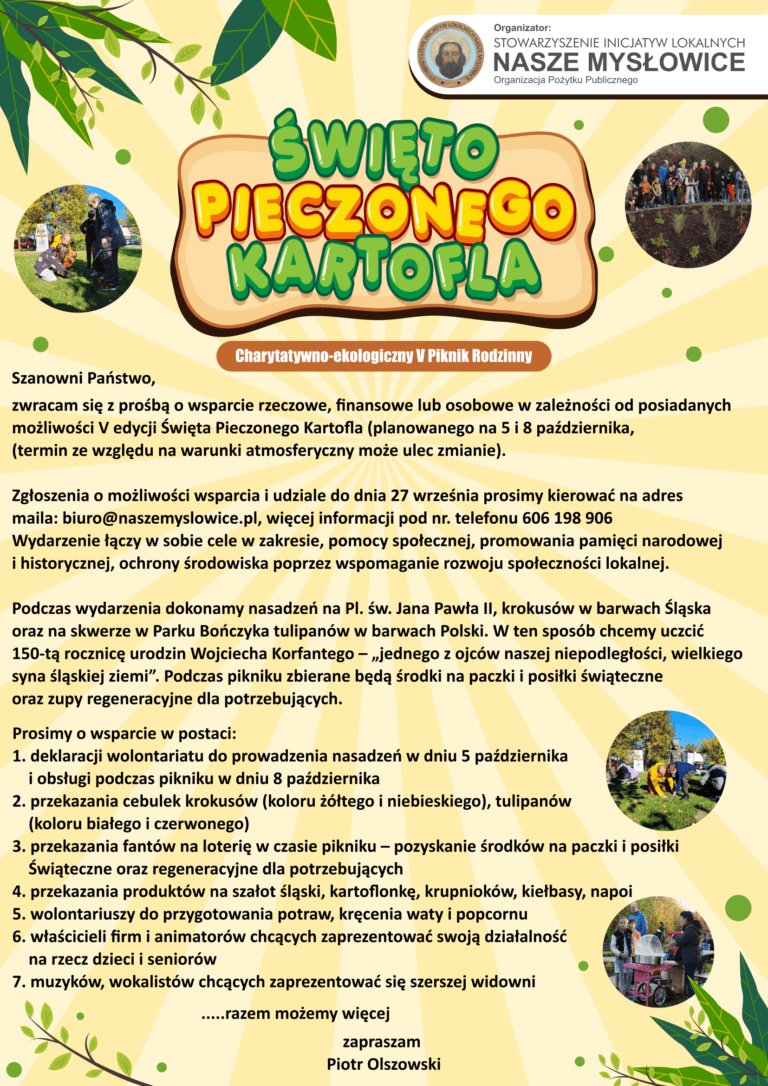Zapraszamy do współorganizacji V Święta Pieczonego Kartofla – pikniku charytatywno-ekologicznego.  Już dzisiaj myślimy o świątecznej i zimowej pomocy dla potrzebujących