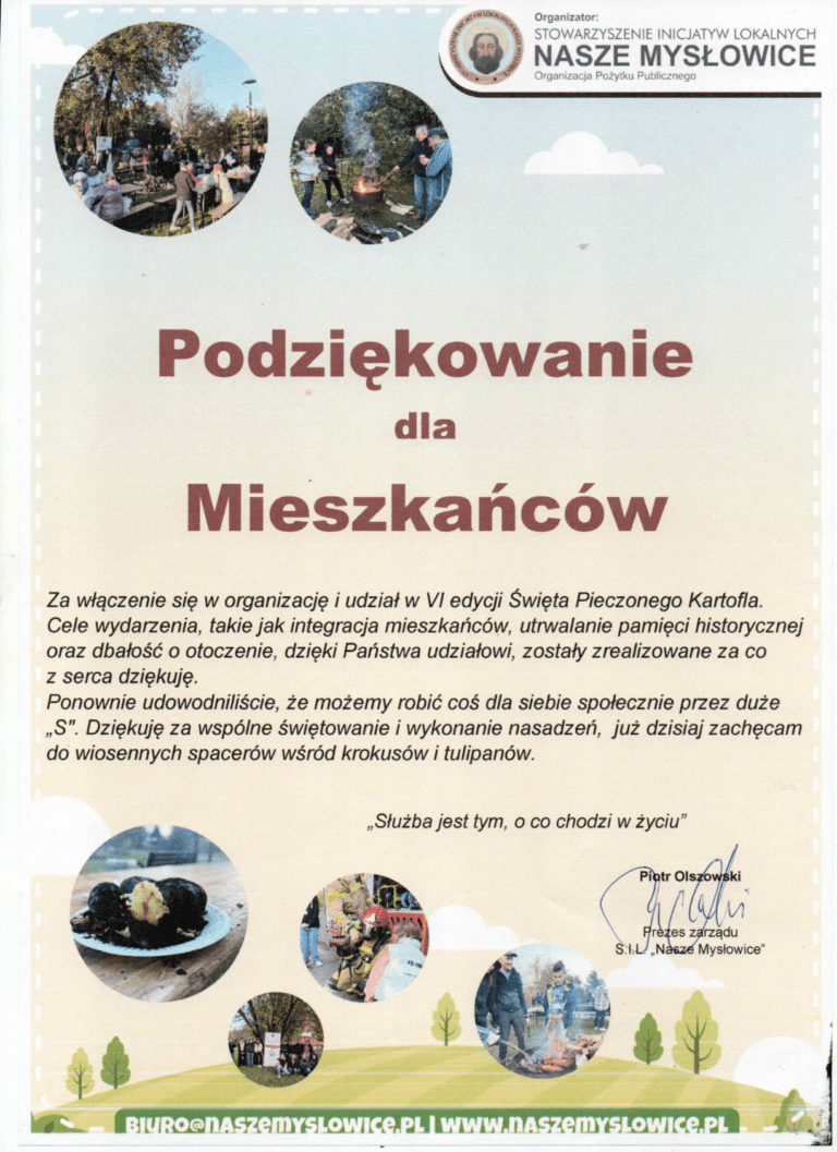 Podziękowanie za udział w VI Święcie Pieczonego Ziemniaka